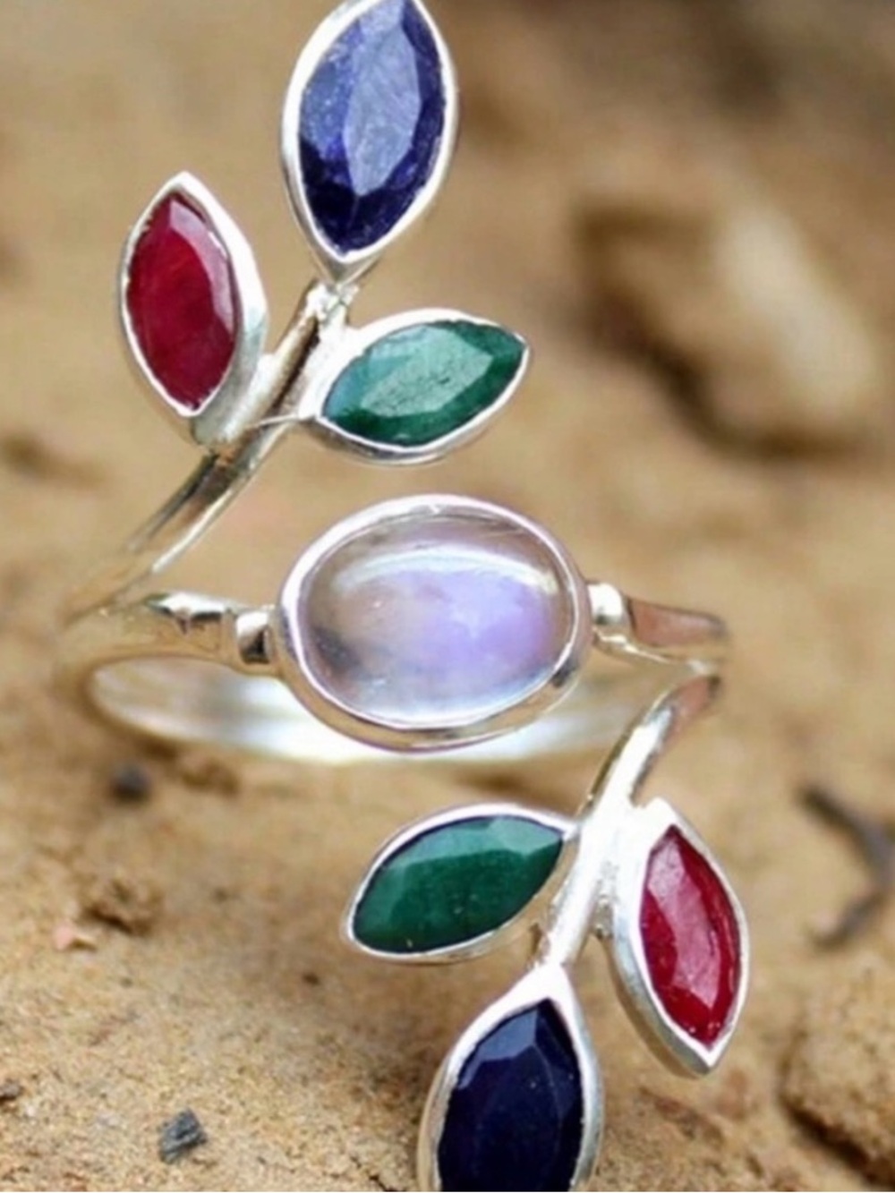 Elegant Multi-Color Leaf Gemstone Ring - Silver